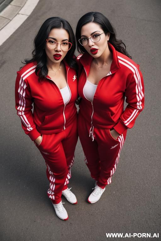 view from above. two women in red tracksuits, glasses, and red lipstick open their mouths wide and stare at the camera. - #main