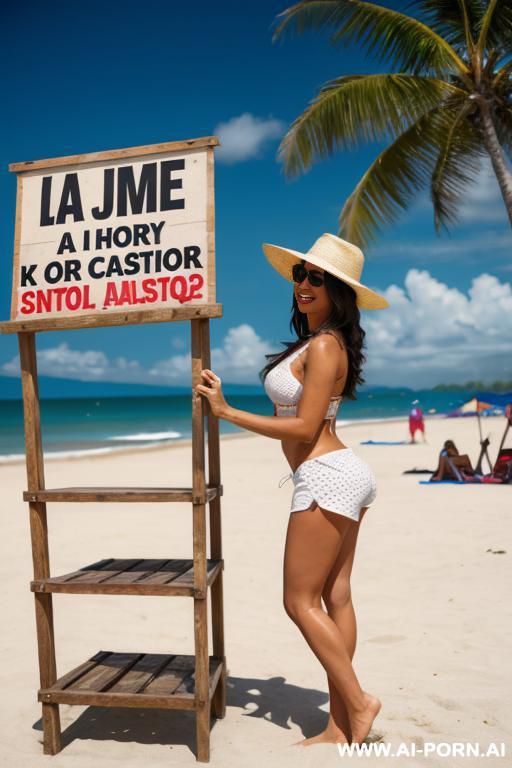 shorts dressed guy with a poster sign: "y la jam que?" in the beach - #main