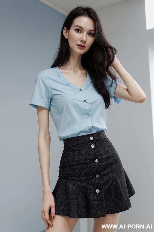 medium wavy hair, light blue button up t-shirt, ((black microskirt)) - #main