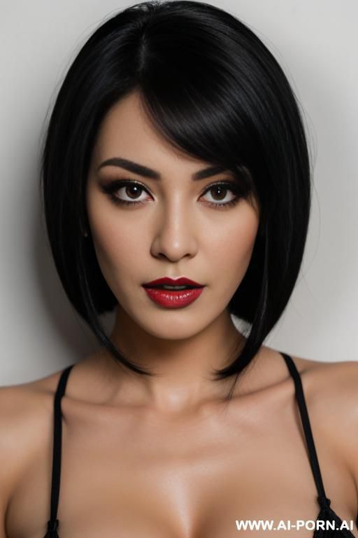 kinky black haired femdom is having a powerful eye contact, mean look on her face - #main