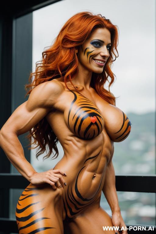 carnival tiger suit, tiger face paint, long wavy hair, behind view - #main