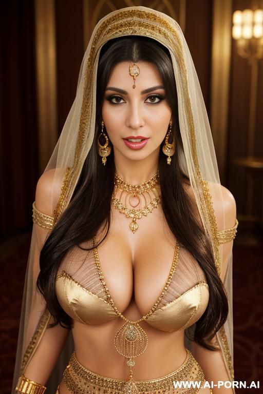 brunette, loving look, earrings, necklace, arm rings, gold, harem, fantasy, see through mouth veil - #main