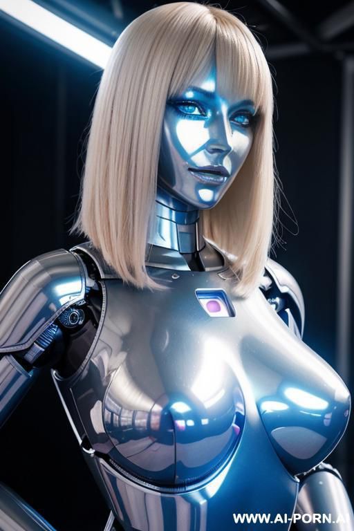 (realistic very detailed robot total meccanical artificial robot body woman) with long blond hair and black glossy latex sky bluewhite metall threads, glowing blue robotic eyes, and a light natural - #main