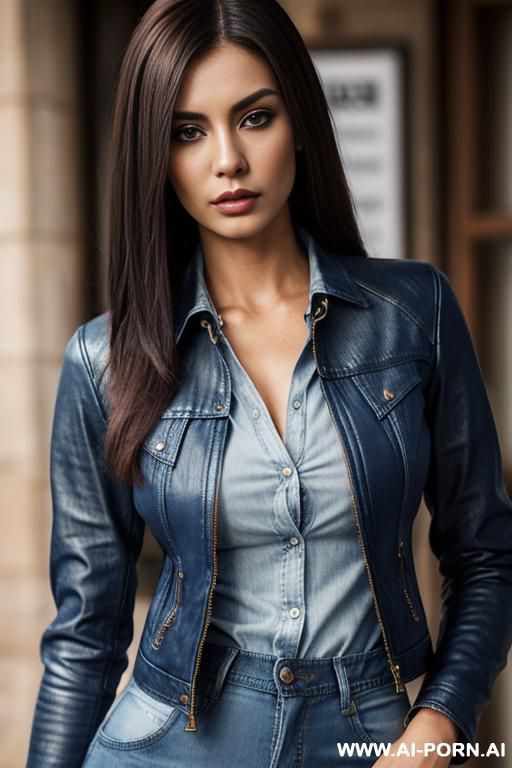 hot shopkeeper babe, blue denim shirt, denim pants, leather jacket, straight hair, serious face, ((close shot)) - #main