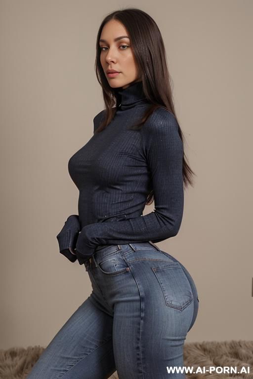jeans, turtleneck, big ass, wide hips, a-cup boobs, brunette, straight hair, side view - #main