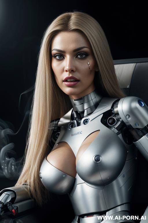 damaged robot, front view, close-up, sitting in armchair in spaceship, looking at viewer, beautiful angry human face with tanned silicone skin, long straight blonde hair, big lips, wide jaw, heavy - #main