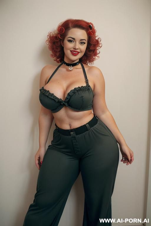 ((topless)), ((natural plump breasts), (pretty face), (wide hips), (soft seductive smile), (baggy pants), (choker) - #main