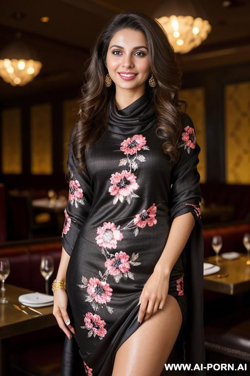 (black floral patterned crew neck dupatta ), (((standing in a fancy restaurant ))), ((brunette tanned pakistani texan )), (lean), (pretty face), (detailed face), (perfect), (natural lighting), ((highly detailed photo)), actress topanga - #main