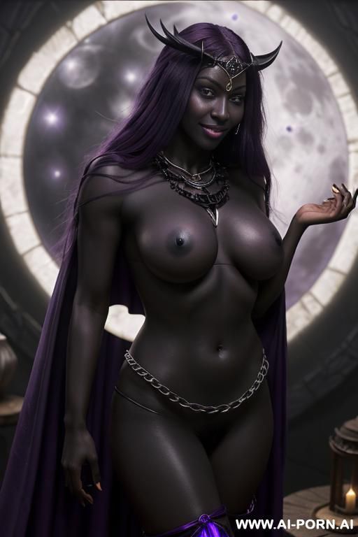 (((symmetric body))), ((front view)), (necklaces), humongus tits, (((perfect round breasts))), (((black noir skin))), (((dark black skin))), (noir skin), purple magical cape, oiled skin, purple hair, ((hip - #main