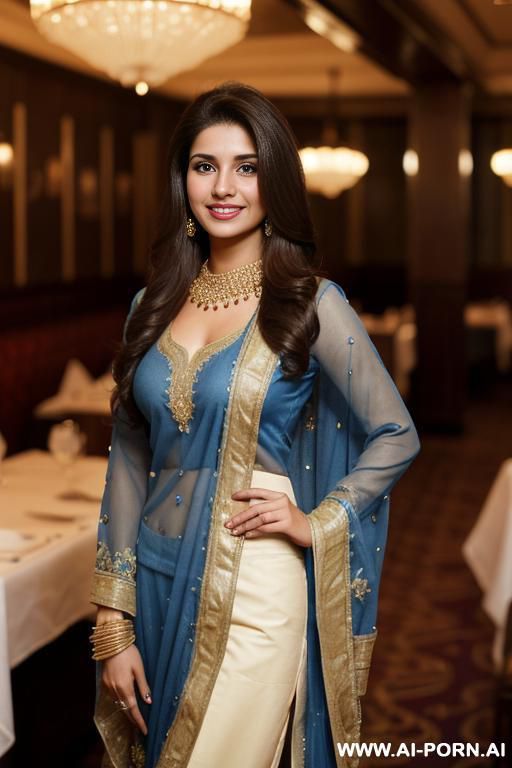 (blue crew neck fancy highly detailed dupatta ), (((standing in a fancy restaurant ))), ((brunette tanned pakistani texan )), (lean), (pretty face), (detailed face), (perfect), (natural lighting), ((highly detailed photo)), actress topanga - #main