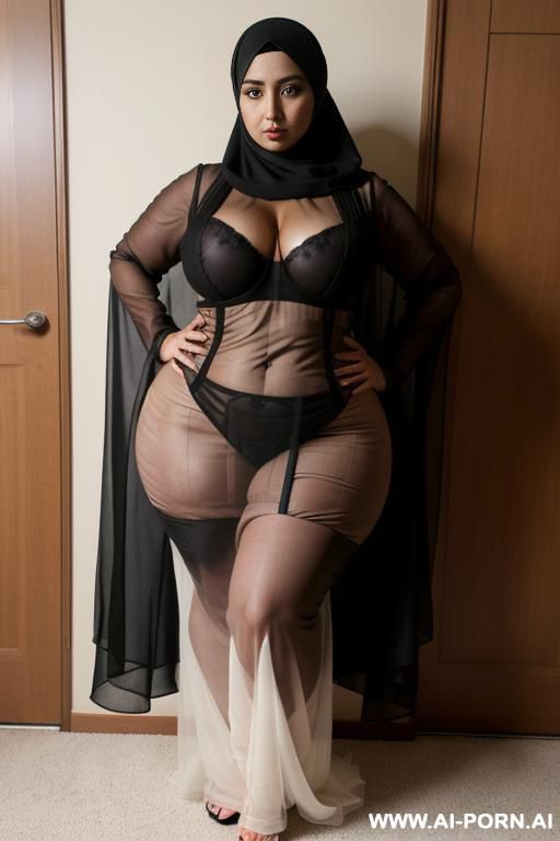 (((pluz size model))) ,curvy arabic ((( thicc))), ((((wide huge hips)))), large gigantic massive oversized breasts, black hijjab that covers her body, happy horny seductive expression, sleepy eyes, full body view - #main