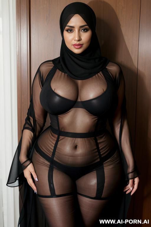 curvy black,((( thicc))), ((((wide huge hips))), large gigantic massive oversized breasts, black hijjab that covers her body, happy horny seductive expression, sleepy eyes, full body view - #main