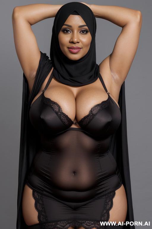 curvy black bimbo, large gigantic massive oversized breasts, black hijjab that covers her body, happy horny seductive expression, sleepy eyes, ((arms up)) - #main