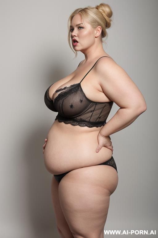 black short, huge droppy saggy boobs with large pointing down nipples, ultra obese woman with fat arms, wide hips, hands behind head, 0 years old woman, side view, no bra - #main