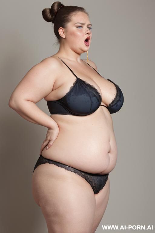 black short, huge droppy saggy boobs with large pointing down nipples, ultra obese woman with fat arms, wide hips, hands behind head, 0 years old woman, side view, no bra, naked boobs - #main