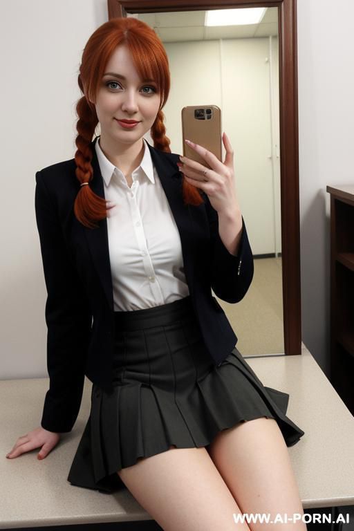 ginger twin tails, short skirt. large natural breasts. s. tight shirt unbuttoned. down blouse. tounge out - #main