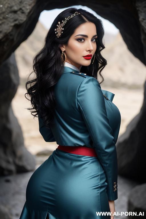 arafed woman with big breasts posing in a traditional feedingbreast (perfect boobs) (arabic) (german), natural boobs, looks seductively at the viewer, eye contact, view from behind, show ass, - #main