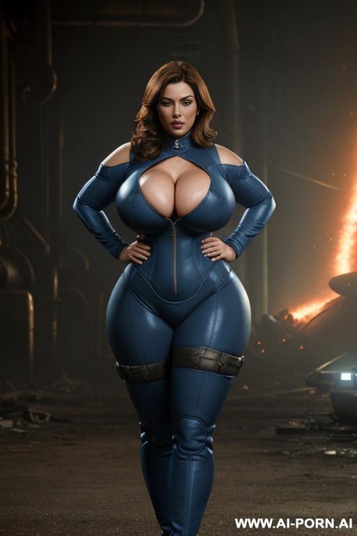 realistic face, giant boobs, gigantic boobs, big boobs, massive boobs, big ass, massive ass, massive waist, big thigh, thick body, standing, big wide hips, wearing a fallout vault blue suit, - #main