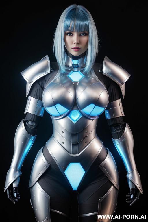 (silver robotic armor with blue light bands highlighting her breast and thighs), (shoulder length hair), (facing the viewer), - #main