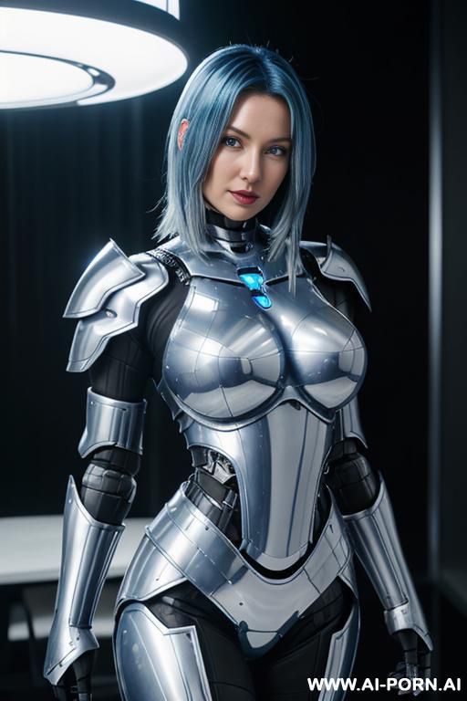 (silver robotic armor with blue light bands highlighting her breast), (shoulder length hair), (facing the viewer), - #main