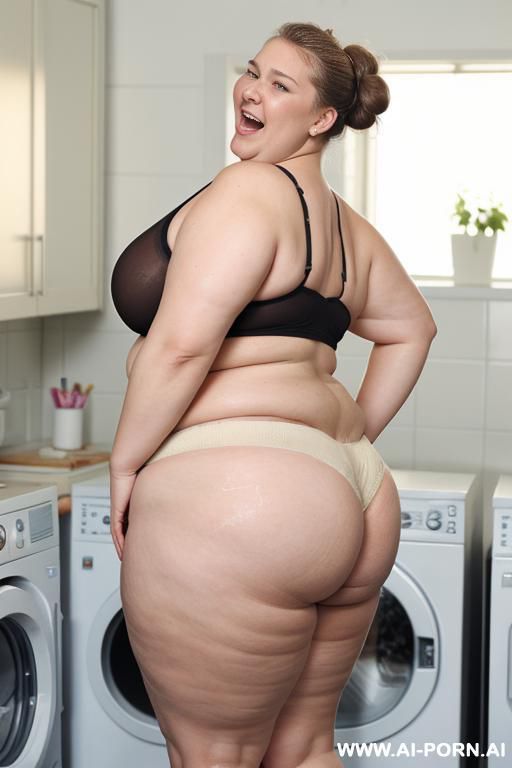 huge droppy saggy tits with large pointing down nipples, ultra obese woman with fat arms, wide hips, round ass, hands behind head, side view,, - #main