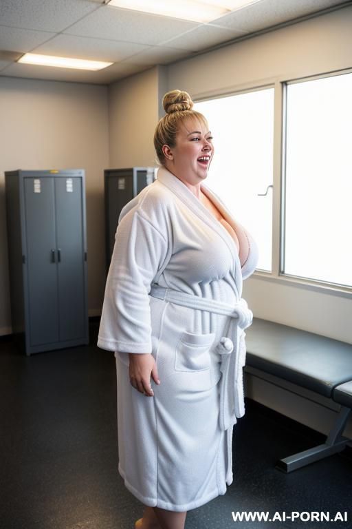 extremely saggy tits with huge pointing down nipples, fat arms, huge round ass, wide hips, wet skin, (wide opening her white bathrobe), show boobs, totaly wet, bbw face, no panties, side view, undressing - #main