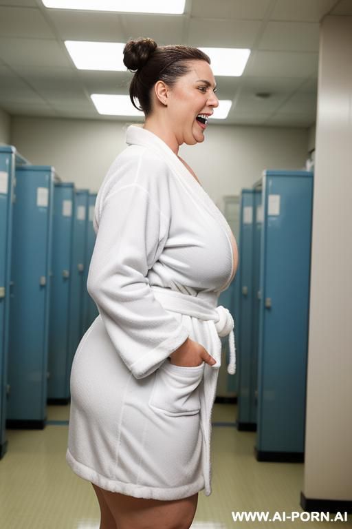 extremely saggy tits with huge pointing down nipples, fat arms, huge round ass, wide hips, wet skin, (wide opening her white bathrobe), show boobs, totaly wet, bbw face, no panties, side view, removing her bathrobe, cum on boobs - #main
