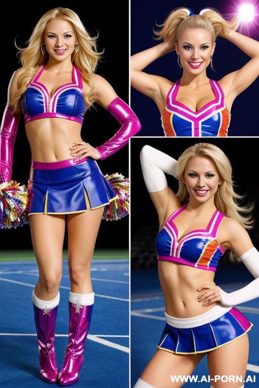 create a collage of a blonde cheerleader in different cheer leading outfits all shiny with boots start with multicolored outfit images on the collage - #main