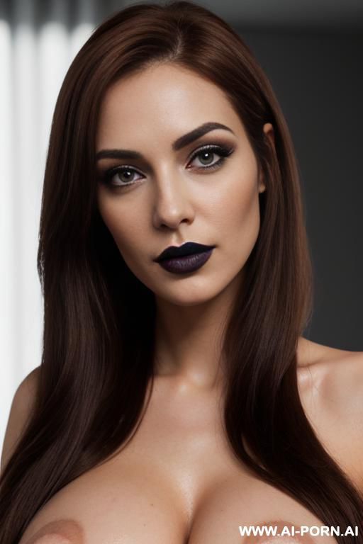happy face, perfect perky natural boobs, beautiful, long straight very long hair, big lips, wide jaw, smoky eyes makeup, black lipstick, cinematic lighting, photorealistic, high res, best quality, - #main