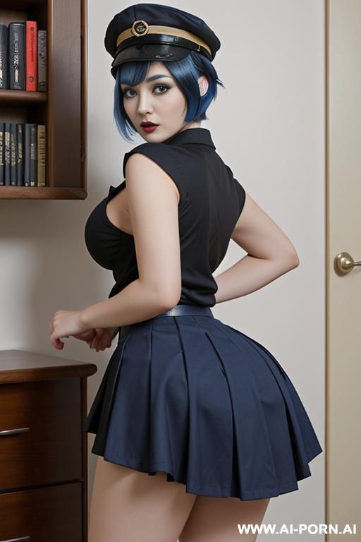 (huge massive gigantic boobs) with (massive ass), (goth uniform) with (skirt) and (peaked cap), (pretty), (japanese), (standing up), (full body), (realistic), (20 years old), (pixie) with (blue hair) and (short hair), (dormroom), (full view) - #main