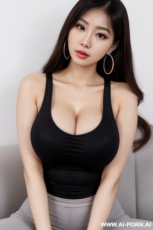 tight casual tank top, ultra realistic, extremely pretty, full lips, kawaii nose, hoop earrings, busty round boobs, hourglass figure, tight waist - #main