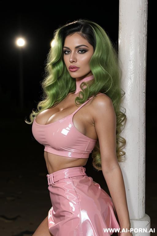 ((russian supermodel)), ((seductive)), ((slutty expression)), ((arabic skin)), ((long bouffant voluminous fluffy wavy bouffant long hair)), ((perfect perky round boobs)), (( pink glossy short latex pink - #main