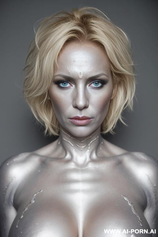 silver bodypaint, direct eye contact with viewer, white background. - #main