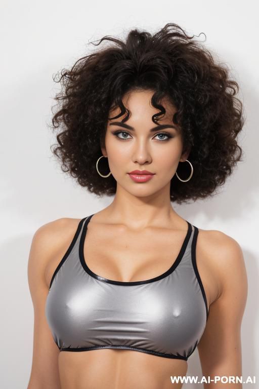 silver colored spandex bikini, front view, direct eye contact with viewer, white background. - #main