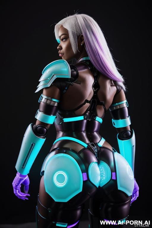 (turquoise robotic armor with purple light bands highlighting her ass), (round ass), (shoulder length hair), - #main