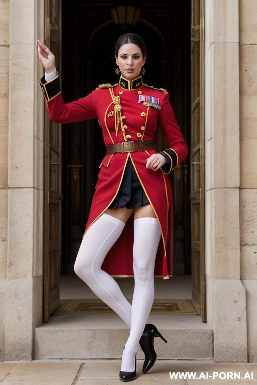 outside spanish royal palace, traditional guard uniform, showing boobs, lots of people - #main