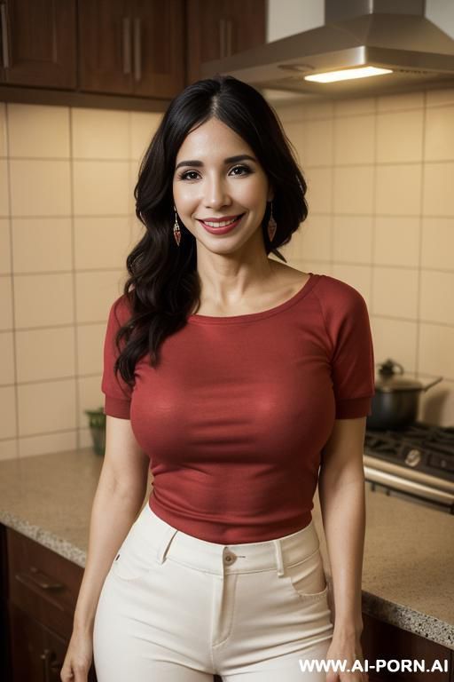(((higareda))), ((red crew neck short sleeve shirt, pants )), (big full lips), ((smiling at the camera)), photorealistic, mexican , (ultra detailed photo), (hyper realistic photo), standing in a - #main