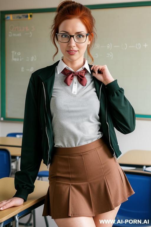 teacher, polo with bow, low cut shirt , short office skirt, glasses - #main