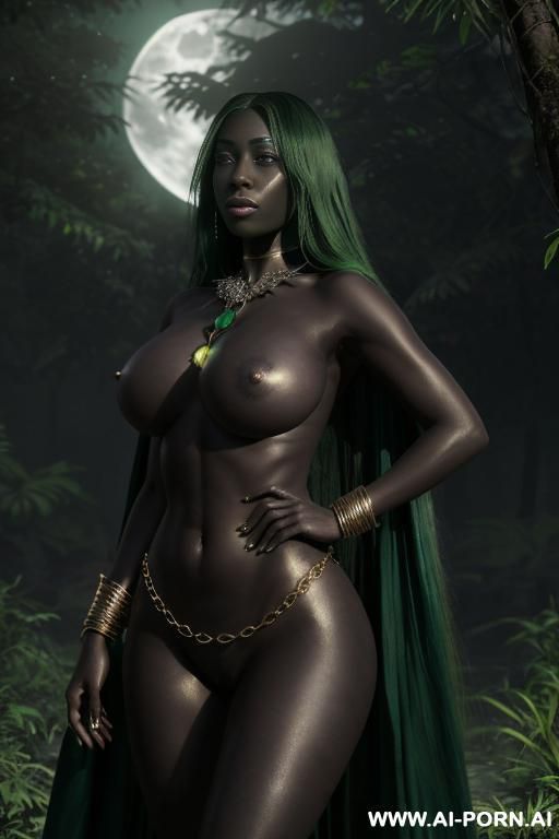 (((symmetric picture))), realistic, ((topless)), looking at viewer, (lustful face), (full voluminous hair), (necklaces), (((perfect round breasts))), (((dark noir skin))), (((total black skin))), magical - #main