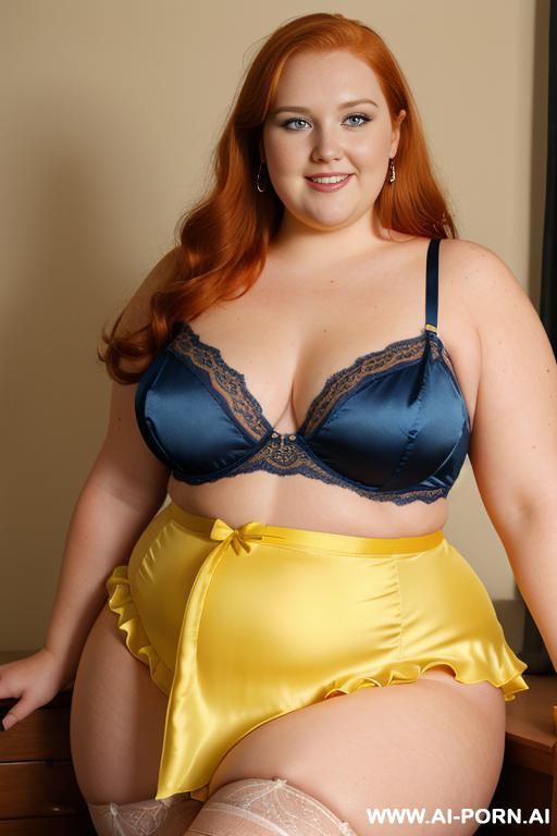 half body photo shot close up. a ((british obese fat bbw redhead)), ((thick with love handless)). ((wearing a yellow sexy and hot garter belt lingerie, and a dark-blue ruffle silk micro-skirt)). she is smiling - #main