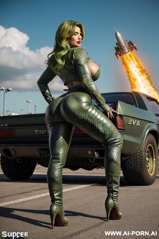 ((((american rap milf)))) with ((((((súper gigantic tits 00 -cup)))))) and (((long hair))), ((makeup)) , (((tight spiked green python print leather jacket))) (((tight spiked green python print leather pants))) (((boots))) ((((big ass)))) - #main
