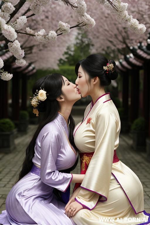 tea party, full clothes, pleated dress, hugging each other, chinese clothes, traditional clothes, chinese wedding ((french kissing, french kissing, lesbian kiss, tongue)) - #main