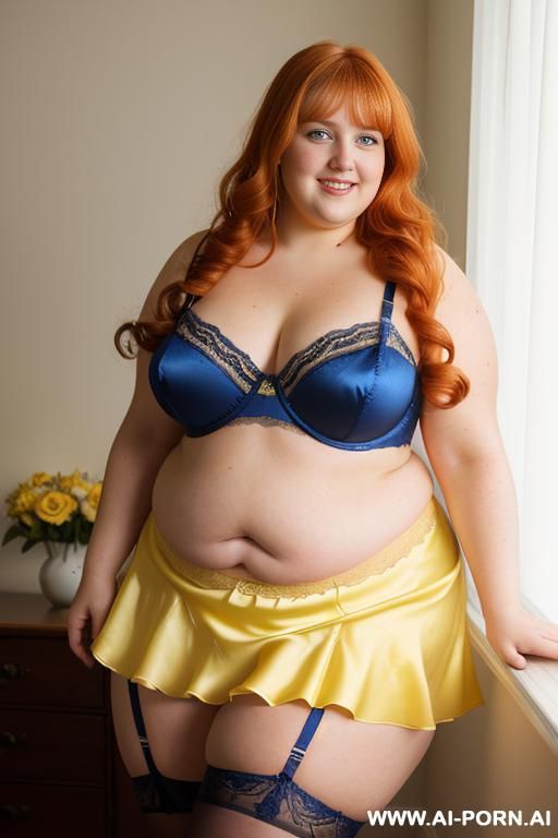 half body photo shot close up. a ((british obese fat bbw redhead)), ((thick with love handless)). ((wearing a yellow white and hot garter belt lingerie, and a dark-blue ruffle silk micro-skirt)). she is smiling - #main