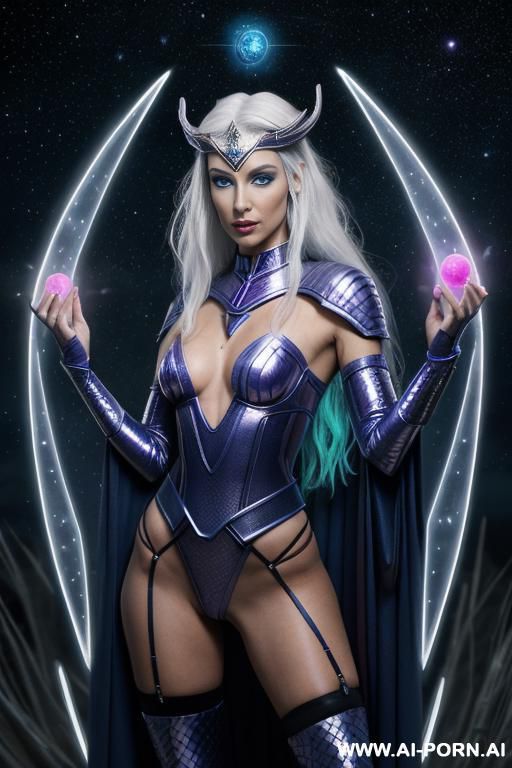 space wizard, looking at viewer, (eye contact), front view, finely detail, majestic view, ultra detailed face, highly detailed skin, highly detailed hands, tall athletic body, ((white colored shiny - #main