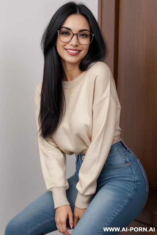 pretty woman, lean, graceful, subtle toned curves, dark silky black hair in a long bob, m sparkling brown eyes, stylish glasses sharp and expressive features, wide smile, happy, wearing a crewneck and light-wash jeans, energetic and curious appearance - #main