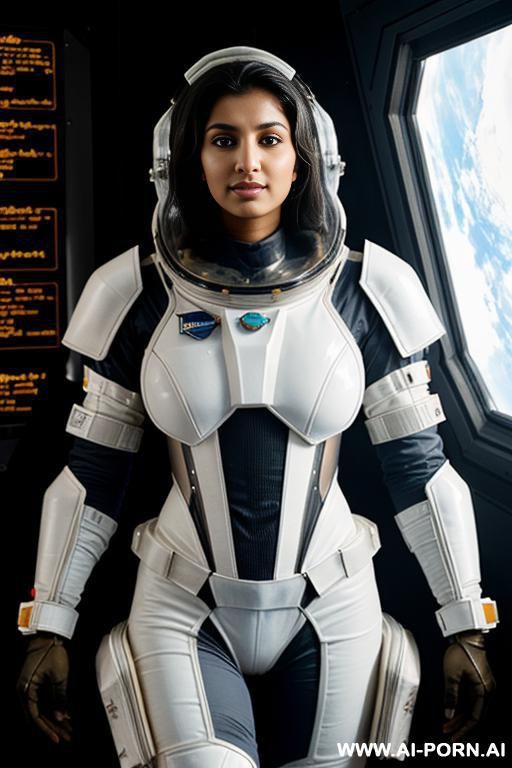 close up, transparent armored space suit, extremely tanned pakistani scientist, space station research lab - #main