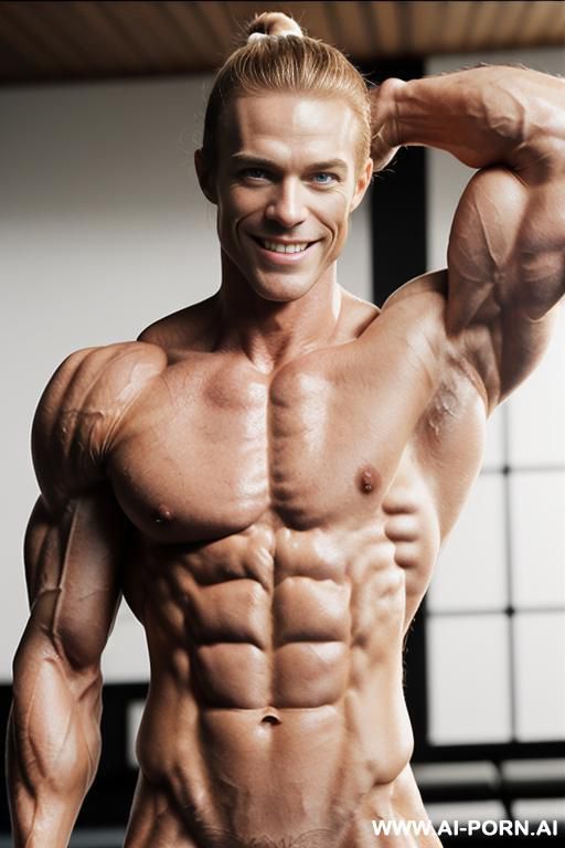 ((nude white ginger smiling very muscular short female muscle model fbb kat. lee klee02 with rockhard pecs)), (extreme sculpted abs), ((very muscular pecs)), ((very muscular delts)), ((very muscular - #main