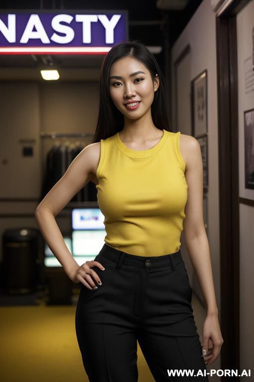 ((( beautiful asian))), (( colorful crew neck sleeveless shirt, pants)), (lean), ((looking at the camera)), photorealistic, , (ultra detailed photo), (hyper realistic photo), standing in a dry cleaning - #main
