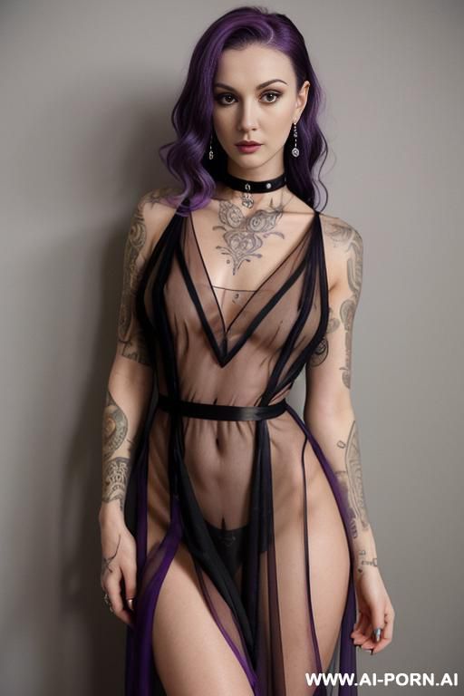 purple hair, piercings, , medium wavy hair, tattoos, pretty, ((completely sheer dress)), choker, looking front tods camera - #main