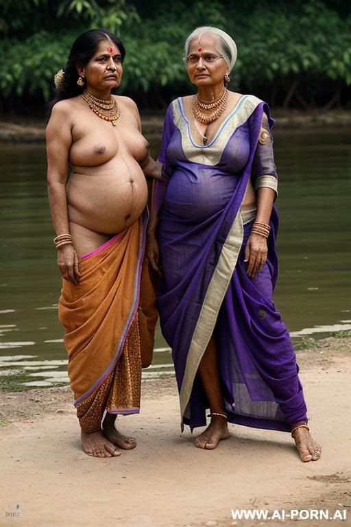 (((((amarsroshta-motherhood))))) (((two granny indian woman))), colonial farmer, in an indian river in the countryside, naked, heavenly beauty, round face, standing in front of me, positioned with hers - #main